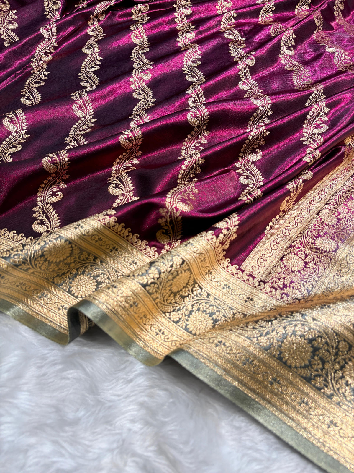 Wine Contrast Shades Cross Pattern Banarasi Satin Silk Saree SS39