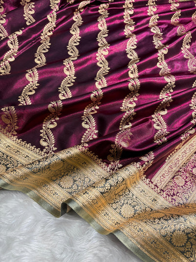 Wine Contrast Shades Cross Pattern Banarasi Satin Silk Saree SS39