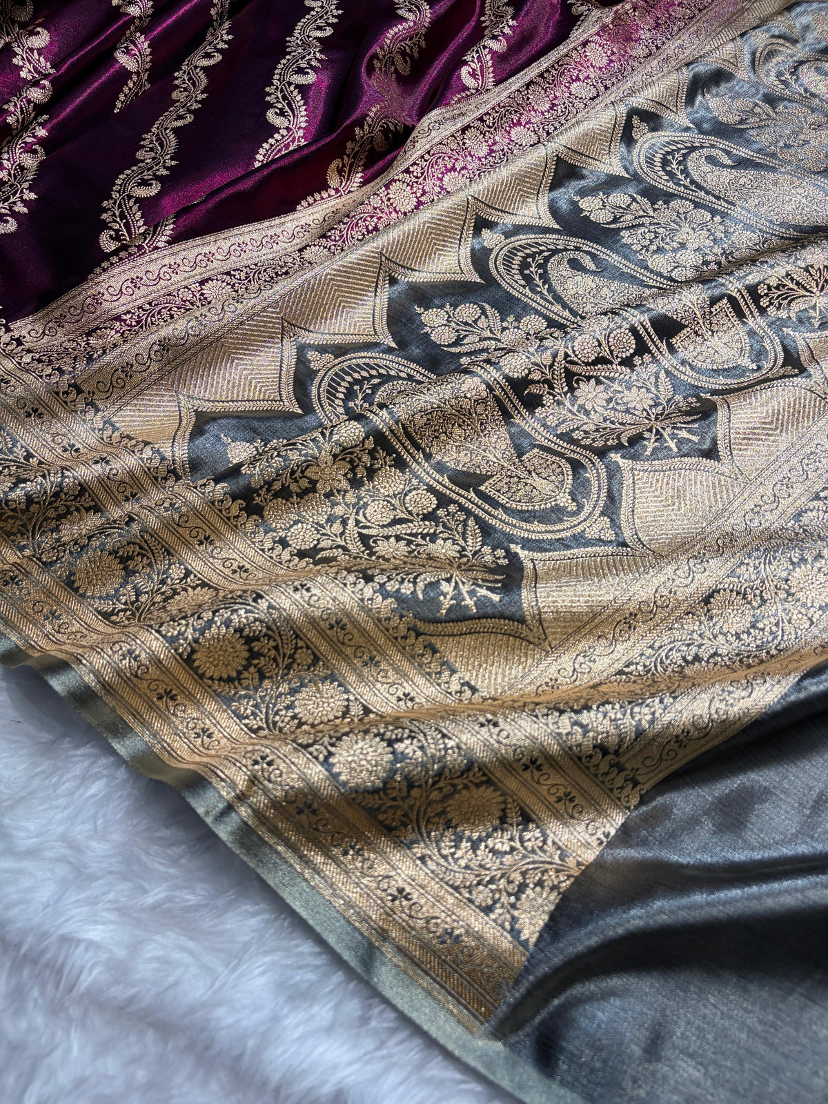 Wine Contrast Shades Cross Pattern Banarasi Satin Silk Saree SS39