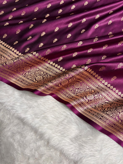 Wine Banarasi Satin Katan Saree Floral Booti Pattern SK154