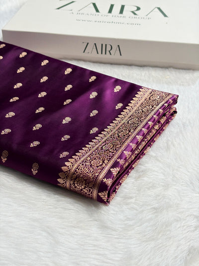 Wine Banarasi Satin Katan Saree Floral Booti Pattern SK154