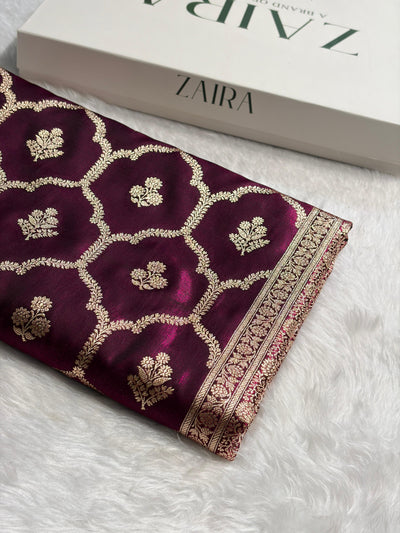 Deep Wine Shades Jaal Pattern Banarasi Satin Silk Saree SS57