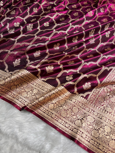 Deep Wine Shades Jaal Pattern Banarasi Satin Silk Saree SS57