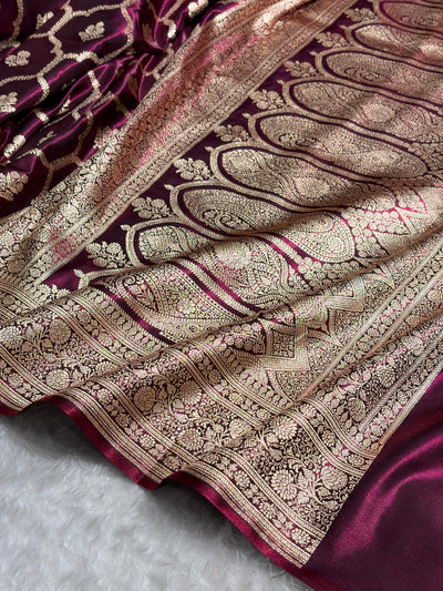 Deep Wine Shades Jaal Pattern Banarasi Satin Silk Saree SS57