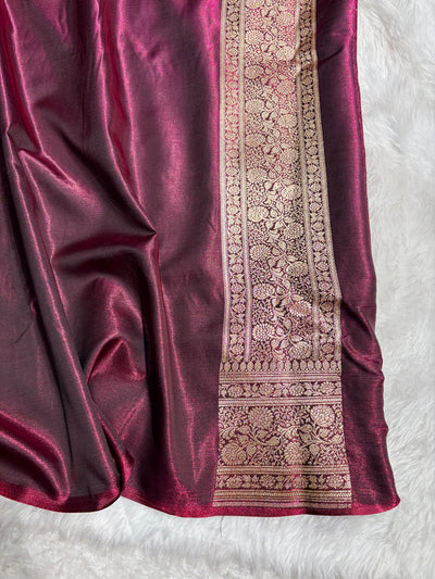 Deep Wine Shades Jaal Pattern Banarasi Satin Silk Saree SS57