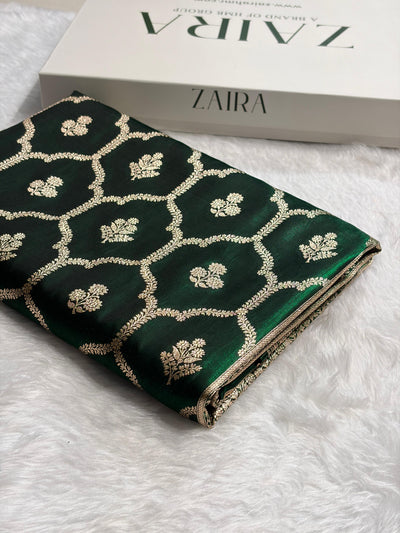 Bottle Green Shades Jaal Pattern Banarasi Satin Silk Saree SS57