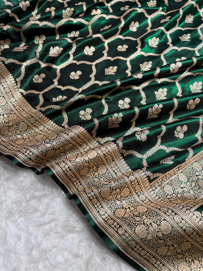 Bottle Green Shades Jaal Pattern Banarasi Satin Silk Saree SS57