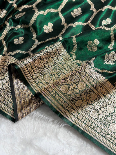 Bottle Green Shades Jaal Pattern Banarasi Satin Silk Saree SS57
