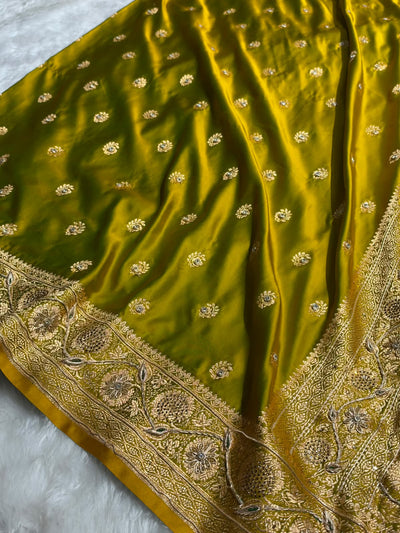 Banarasi Mahendi Green Work Pattern Satin Katan Silk Saree BSK72