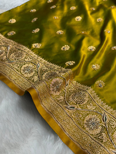 Banarasi Mahendi Green Work Pattern Satin Katan Silk Saree BSK72