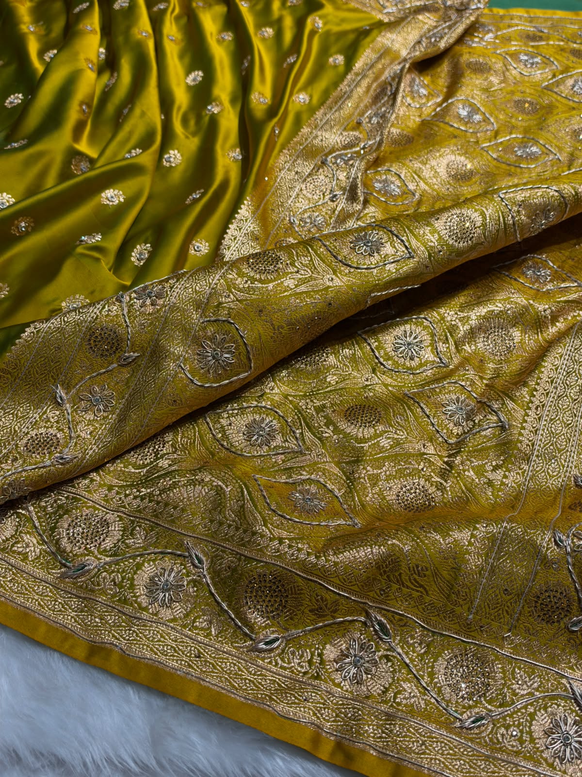 Banarasi Mahendi Green Work Pattern Satin Katan Silk Saree BSK72