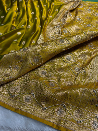 Banarasi Mahendi Green Work Pattern Satin Katan Silk Saree BSK72