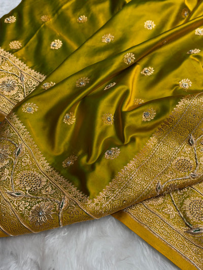 Banarasi Mahendi Green Work Pattern Satin Katan Silk Saree BSK72