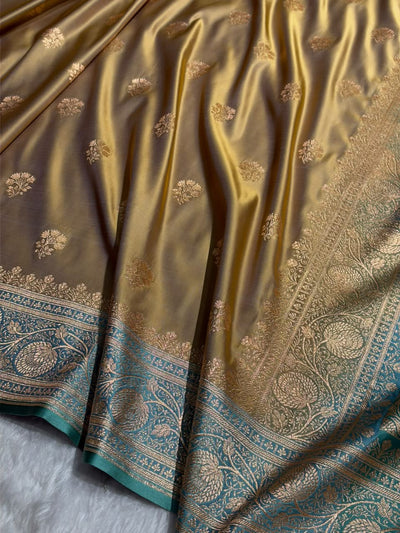 Dusty Mahendi and Sea Green contarst- Banarasi Boota Katan Silk Saree SKM29
