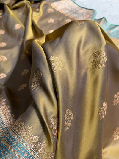 Dusty Mahendi and Sea Green contarst- Banarasi Boota Katan Silk Saree SKM29