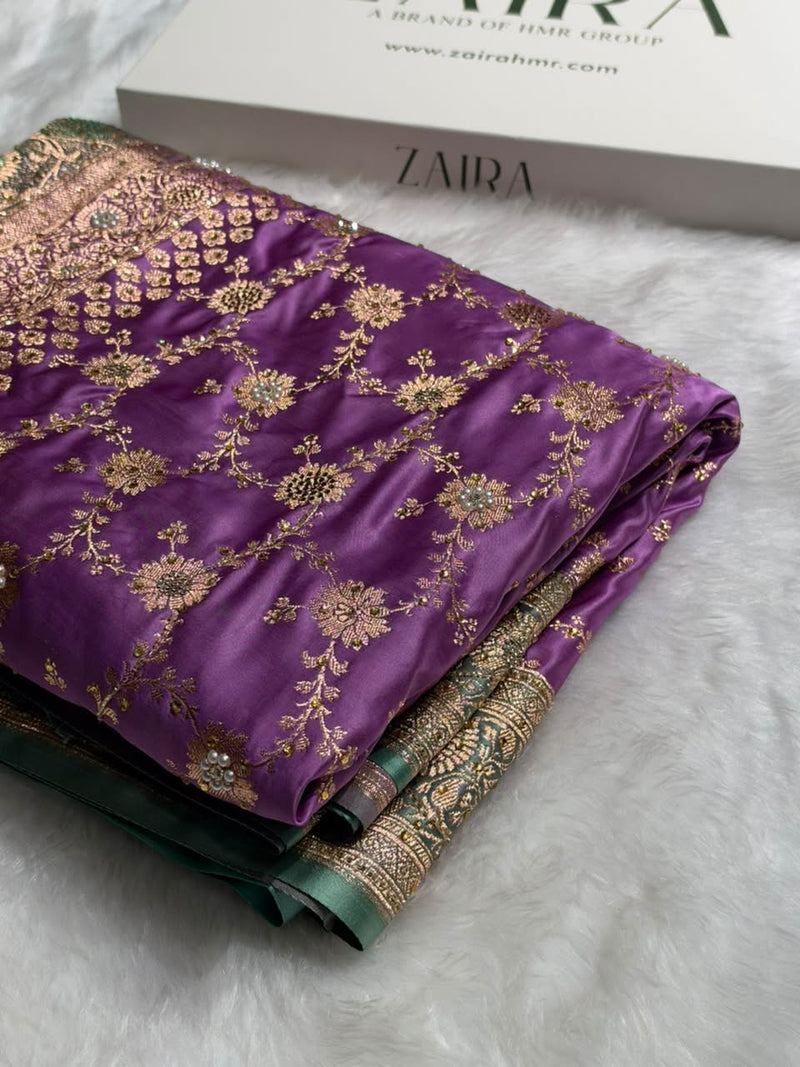 Banarasi Satin Katan With Ari Stone Work Saree in Contrast Dark Lavender / Turquoise Shade BSK132