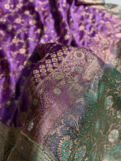 Banarasi Satin Katan With Ari Stone Work Saree in Contrast Dark Lavender / Turquoise Shade BSK132