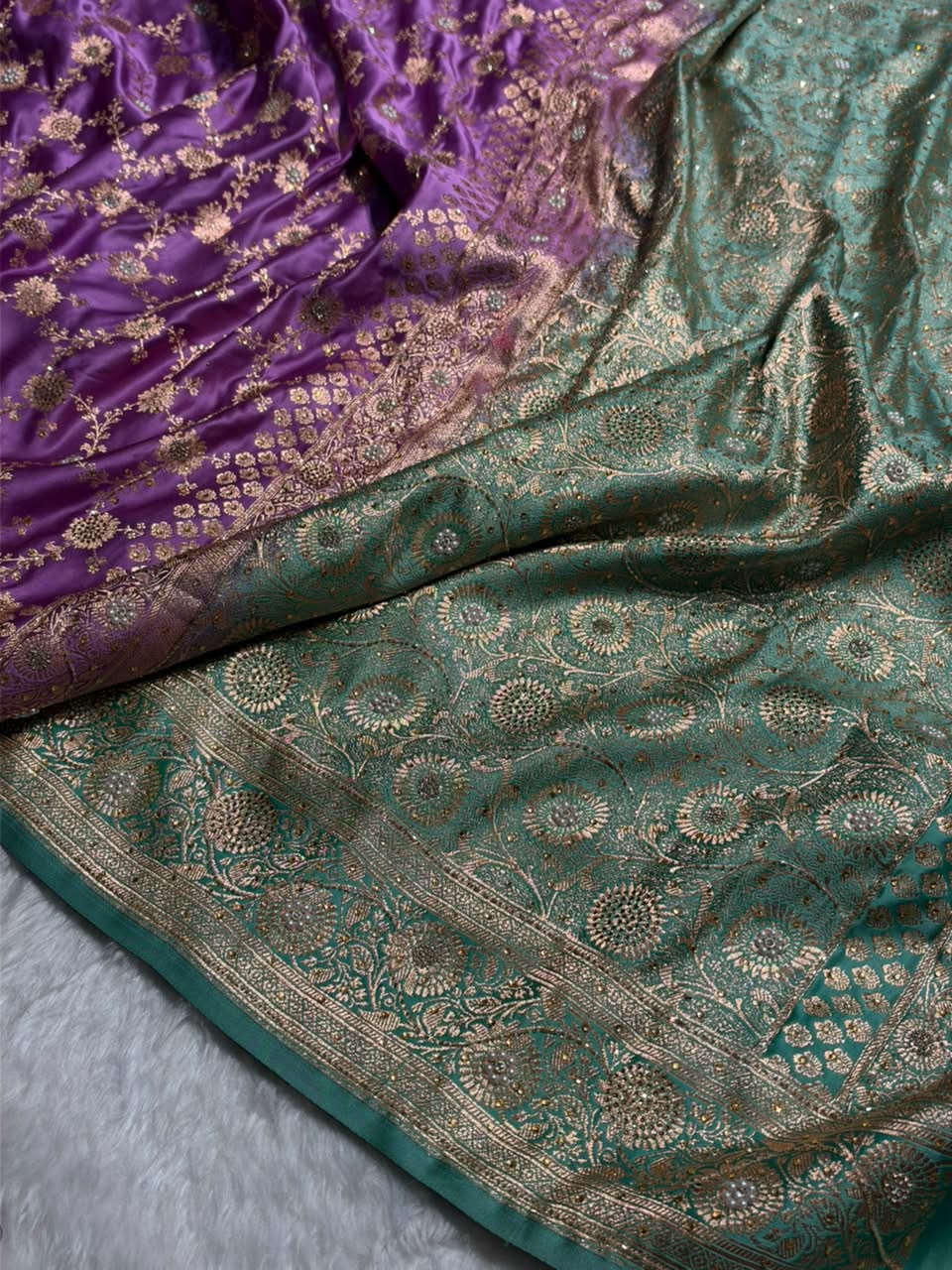 Banarasi Satin Katan With Ari Stone Work Saree in Contrast Dark Lavender / Turquoise Shade BSK132