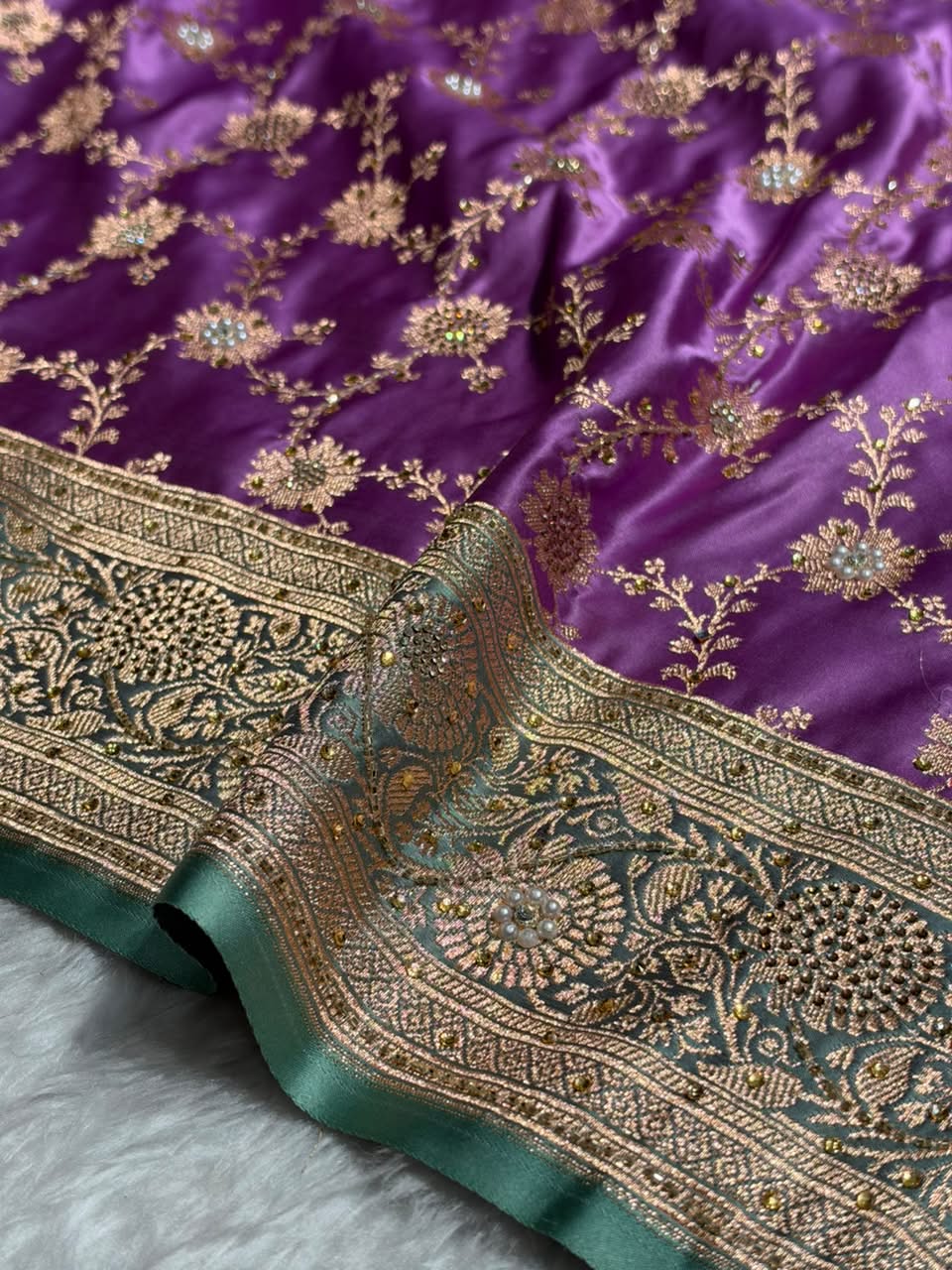 Banarasi Satin Katan With Ari Stone Work Saree in Contrast Dark Lavender / Turquoise Shade BSK132