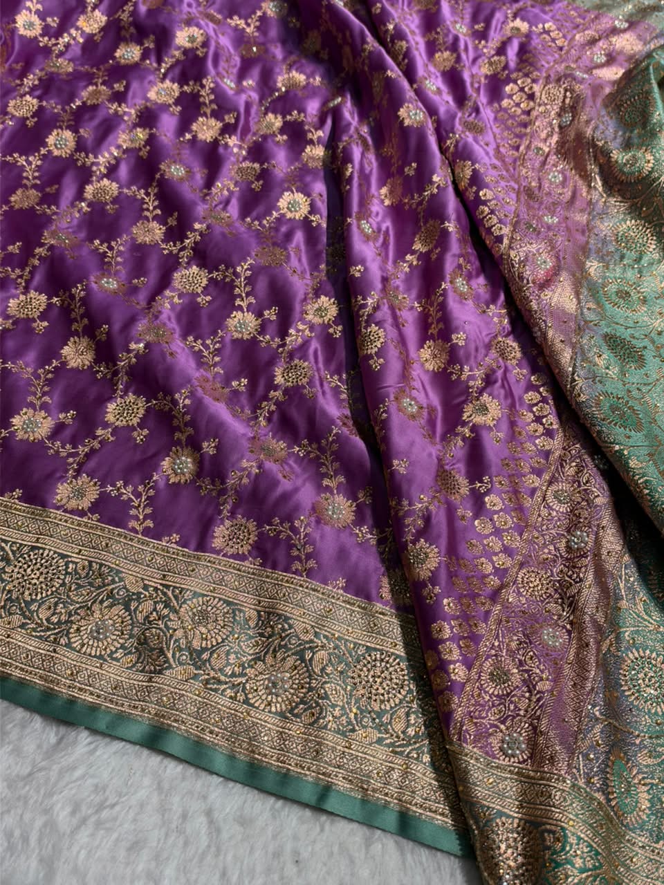 Banarasi Satin Katan With Ari Stone Work Saree in Contrast Dark Lavender / Turquoise Shade BSK132