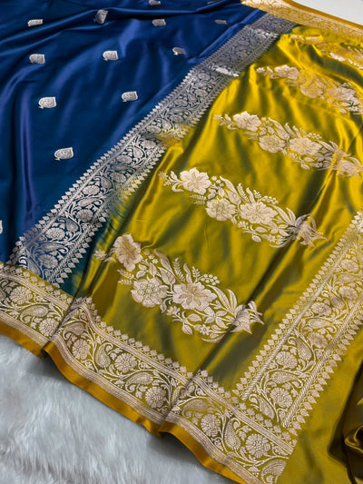 Contrast Navy Blue  / Mustard Yellow Shade Banarasi Booti Pattern Mashru Silk Saree MSM-140