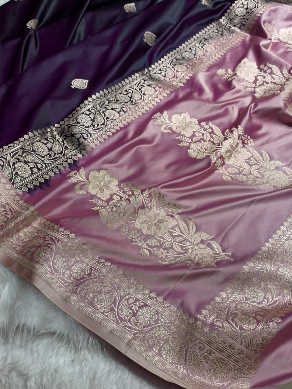 Contrast Dark wine / Rose Pink Shade Banarasi Booti Pattern Mashru Silk Saree MSM-140