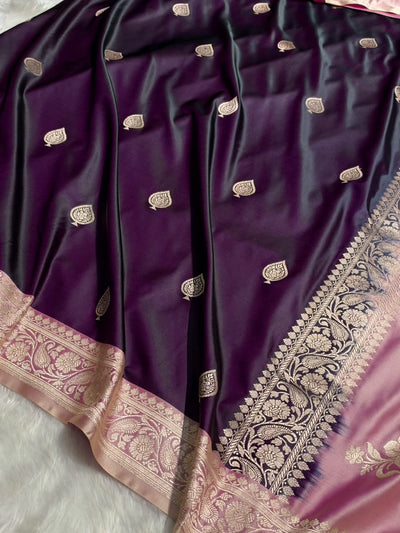 Contrast Dark wine / Rose Pink Shade Banarasi Booti Pattern Mashru Silk Saree MSM-140