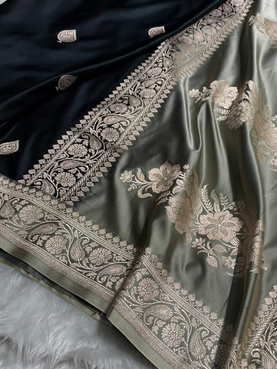 Contrast Black / Tusser Shade Banarasi Booti Pattern Mashru Silk Saree MSM-140