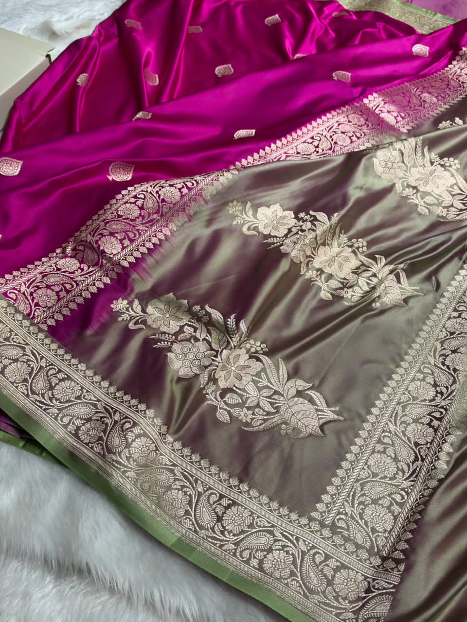 Contrast Rani Pink  / Tusser shade Banarasi Booti Pattern Mashru Silk Saree MSM-140