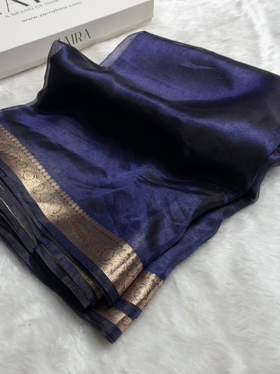 Deep Navy Blue Tissue Silk Saree with Brocade Blouse PT-09