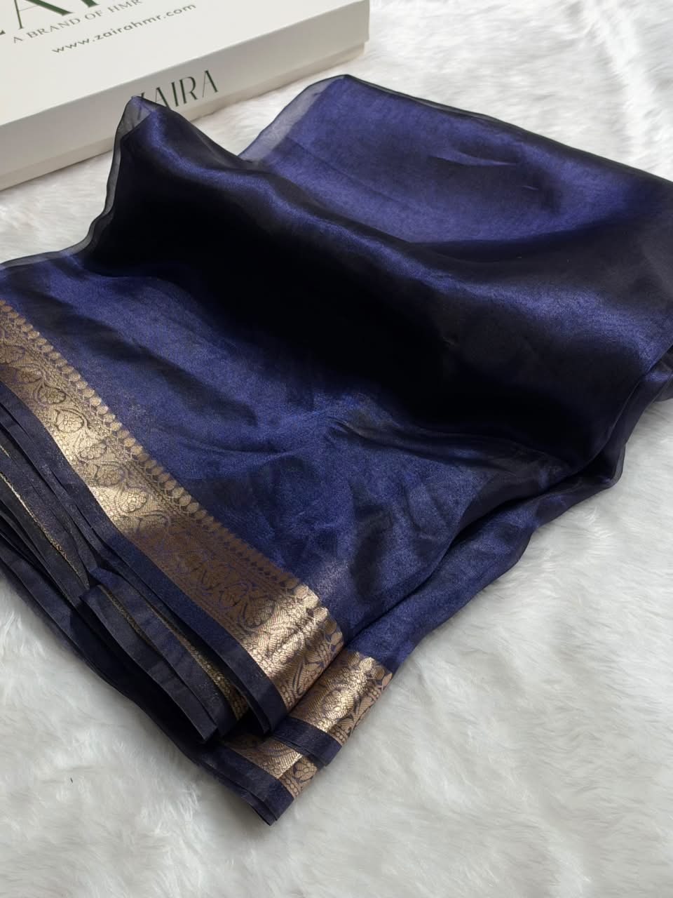 Deep Navy Blue Tissue Silk Saree with Brocade Blouse PT-09