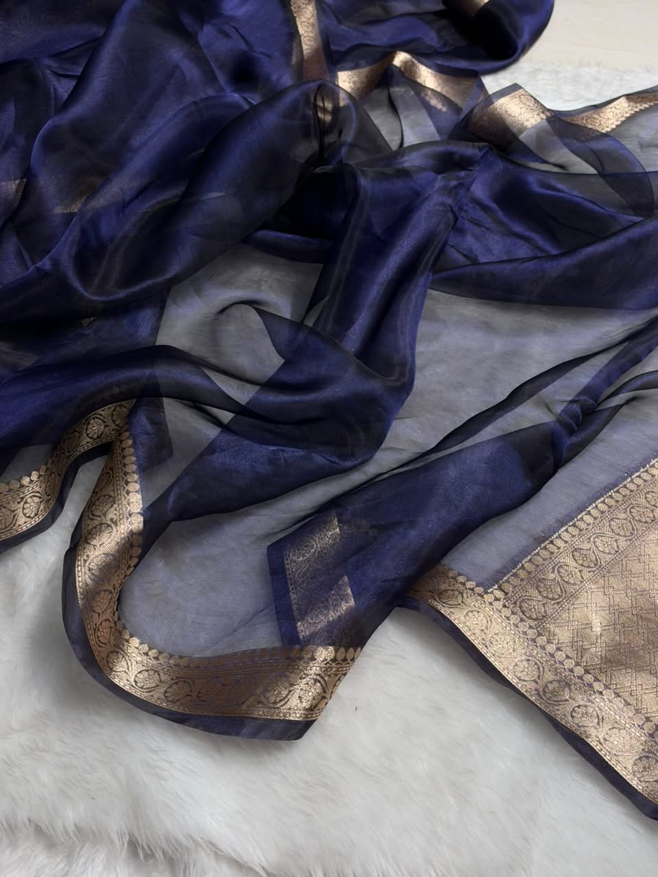 Deep Navy Blue Tissue Silk Saree with Brocade Blouse PT-09
