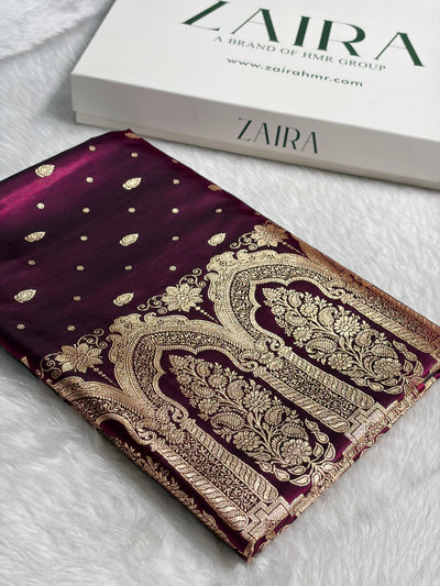 Banarasi Dark Wine Shades Booti Pattern Banarasi Satin Silk Saree SS64