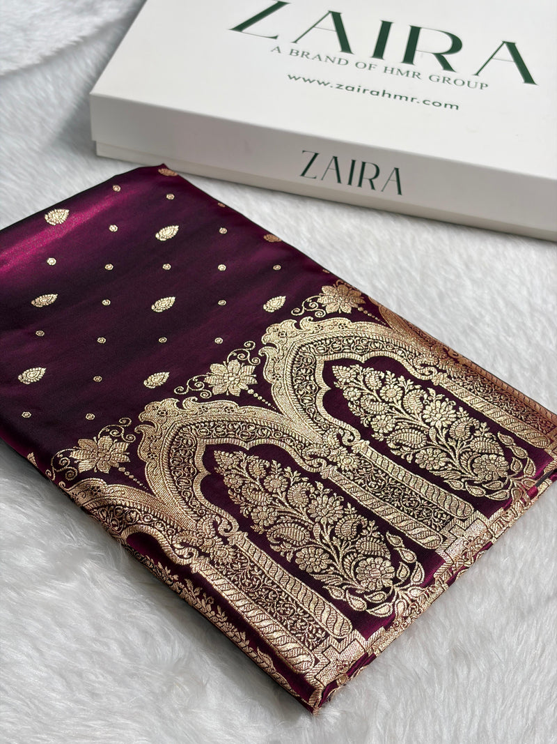Banarasi Dark Wine Shades Booti Pattern Banarasi Satin Silk Saree SS64