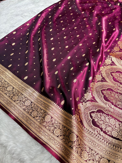 Banarasi Dark Wine Shades Booti Pattern Banarasi Satin Silk Saree SS64