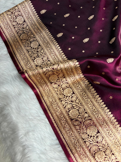 Banarasi Dark Wine Shades Booti Pattern Banarasi Satin Silk Saree SS64