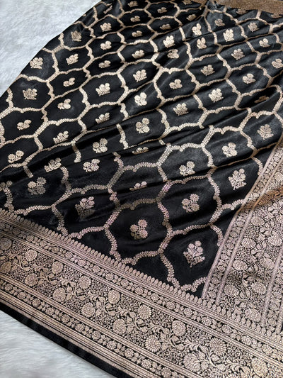 Black Shades Jaal Pattern Banarasi Satin Silk Saree SS57