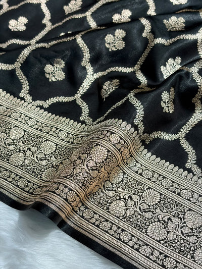 Black Shades Jaal Pattern Banarasi Satin Silk Saree SS57