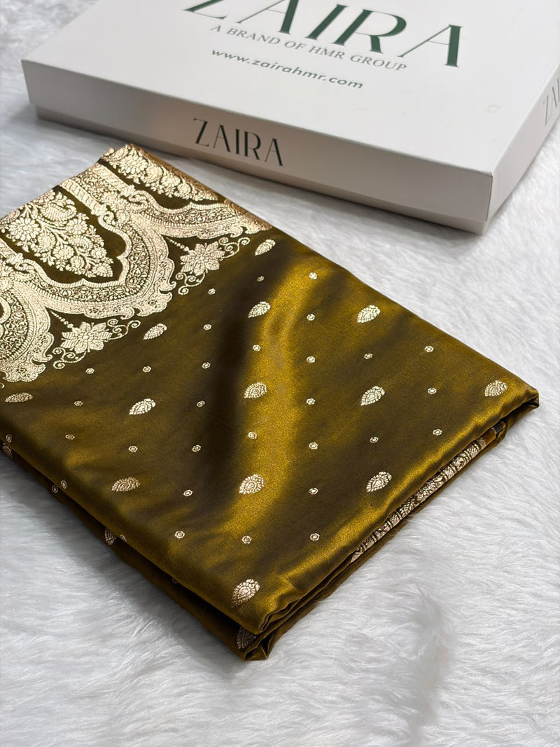 Banarasi Mahendi Shades Booti Pattern Banarasi Satin Silk Saree SS64