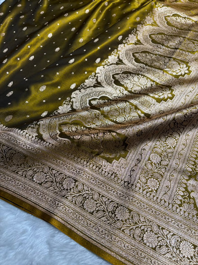Banarasi Mahendi Shades Booti Pattern Banarasi Satin Silk Saree SS64