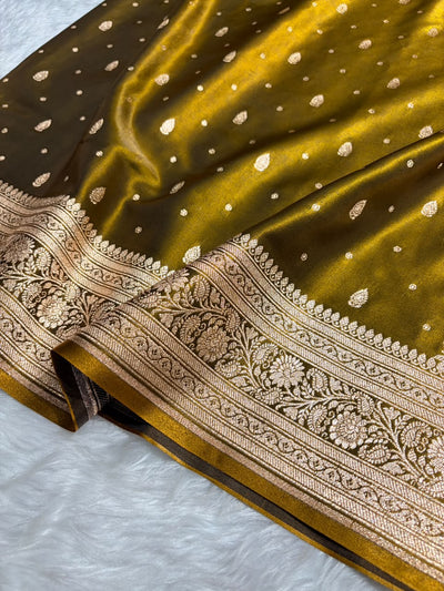 Banarasi Mahendi Shades Booti Pattern Banarasi Satin Silk Saree SS64