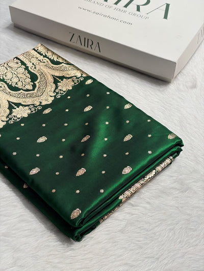 BanarasiBottle Green Shades Booti Pattern Banarasi Satin Silk Saree SS64