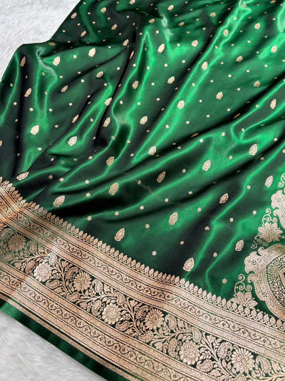 BanarasiBottle Green Shades Booti Pattern Banarasi Satin Silk Saree SS64