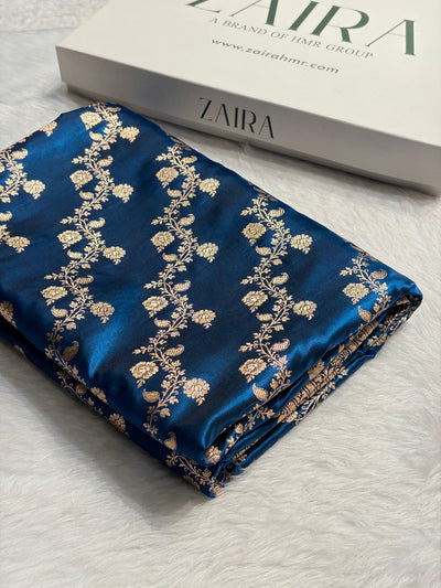 Banarasi Satin Silk Cross in Royal Blue Shades SS11