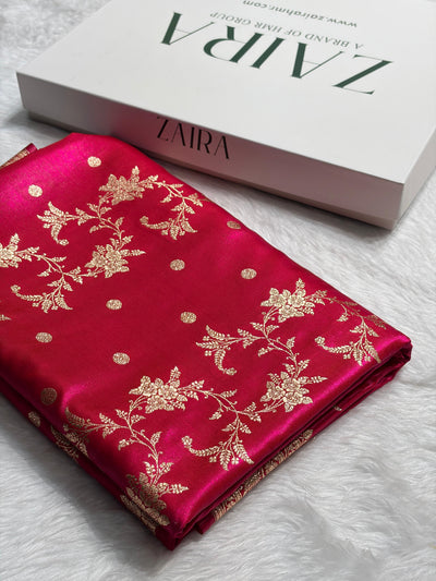 Rani Pink Banarasi Satin Silk Saree with Gold Floral Booti SS65