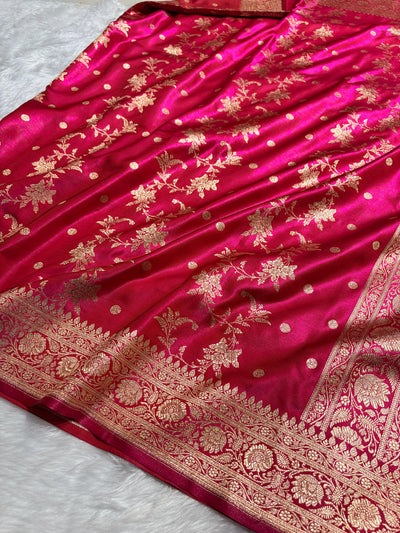 Rani Pink Banarasi Satin Silk Saree with Gold Floral Booti SS65