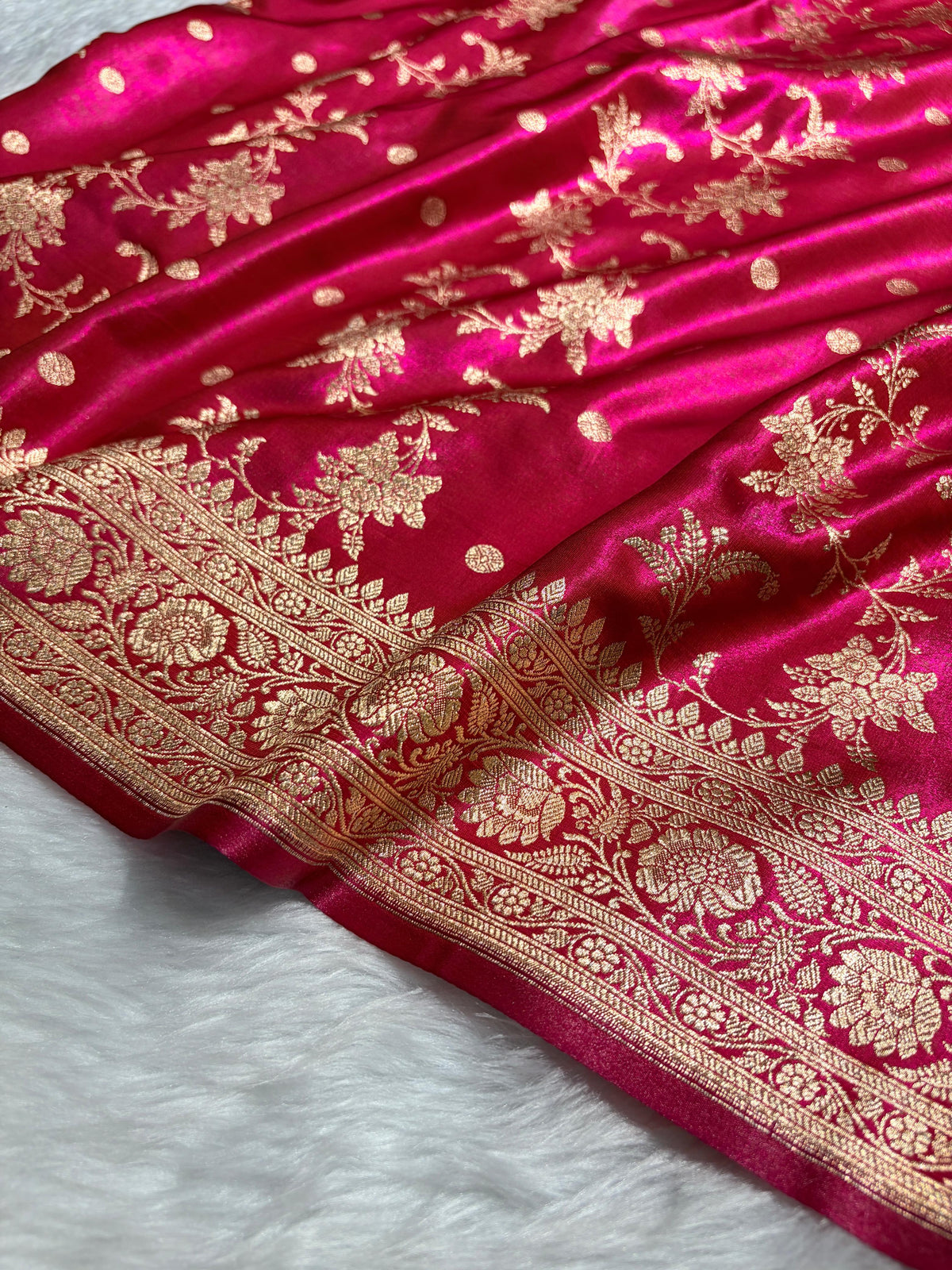 Rani Pink Banarasi Satin Silk Saree with Gold Floral Booti SS65