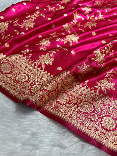 Rani Pink Banarasi Satin Silk Saree with Gold Floral Booti SS65
