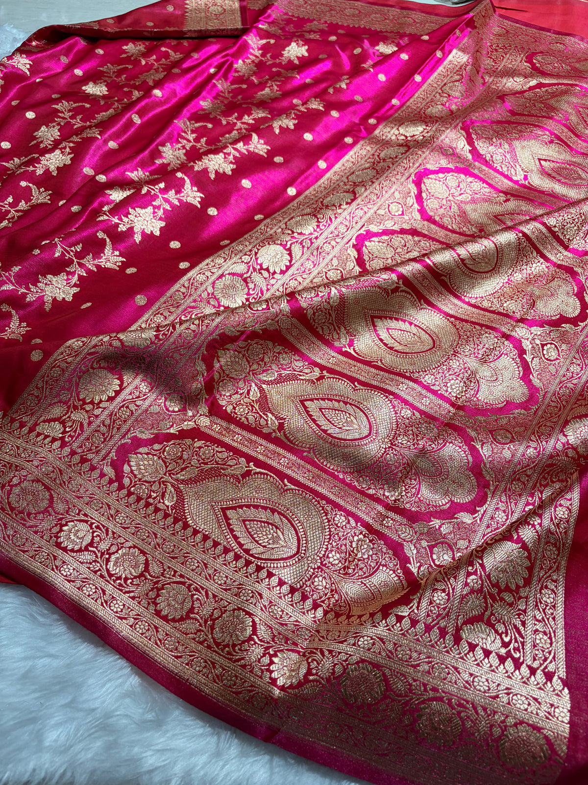 Rani Pink Banarasi Satin Silk Saree with Gold Floral Booti SS65