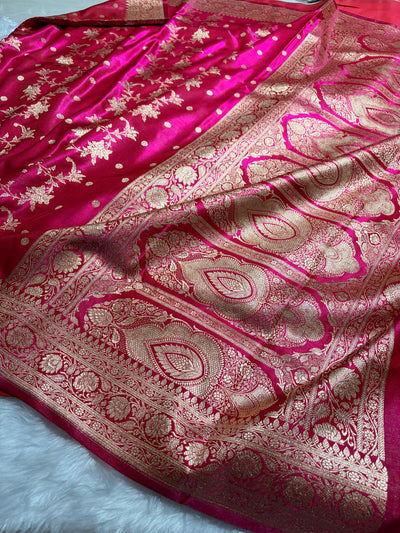Rani Pink Banarasi Satin Silk Saree with Gold Floral Booti SS65